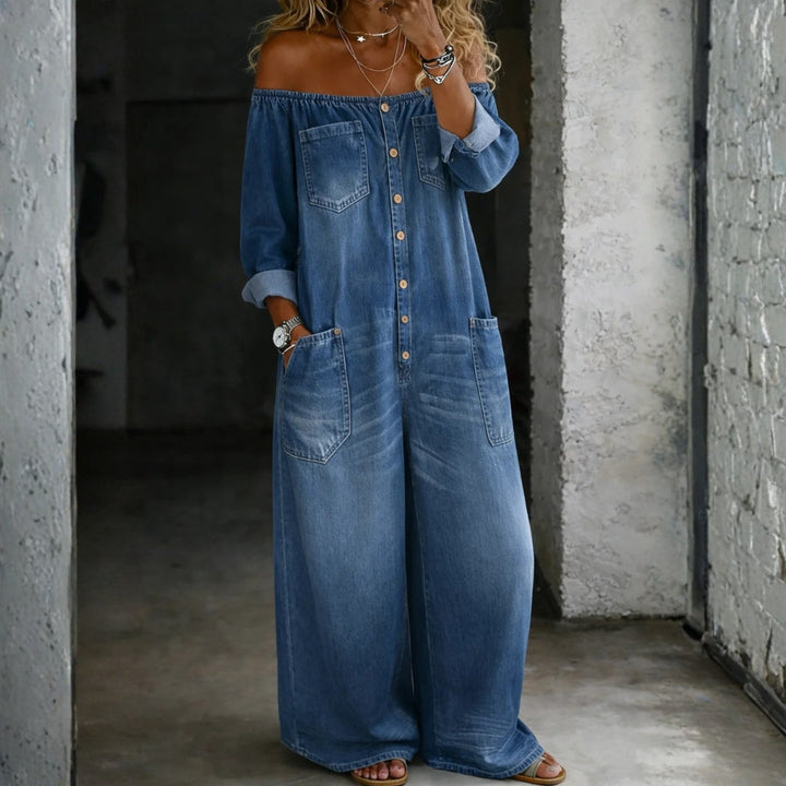 Helena – Long Sleeve Off-Shoulder Denim Jumpsuit
