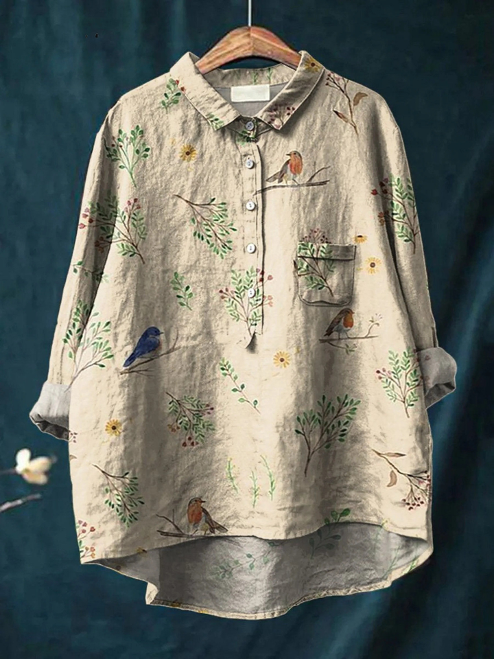 Jimena | Camicia Casual da Donna con Stampa di Rami e Uccelli Robin