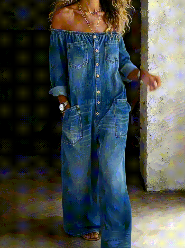 Helena – Long Sleeve Off-Shoulder Denim Jumpsuit