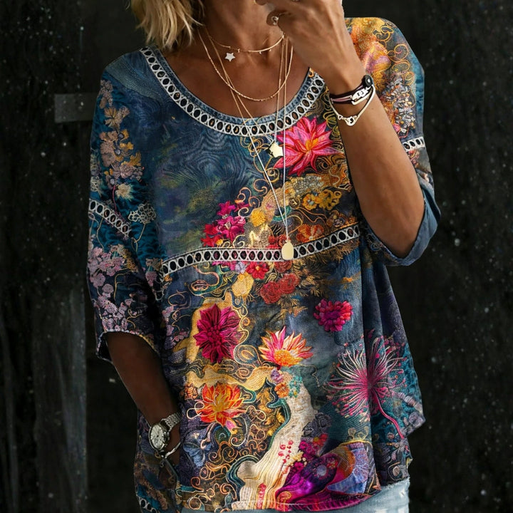 Sandra – Vintage Floral Denim Blouse