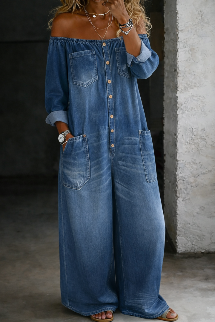 Helena – Long Sleeve Off-Shoulder Denim Jumpsuit