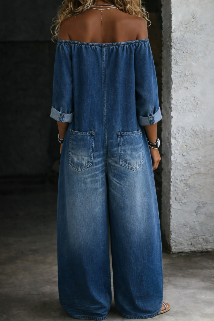 Helena – Long Sleeve Off-Shoulder Denim Jumpsuit
