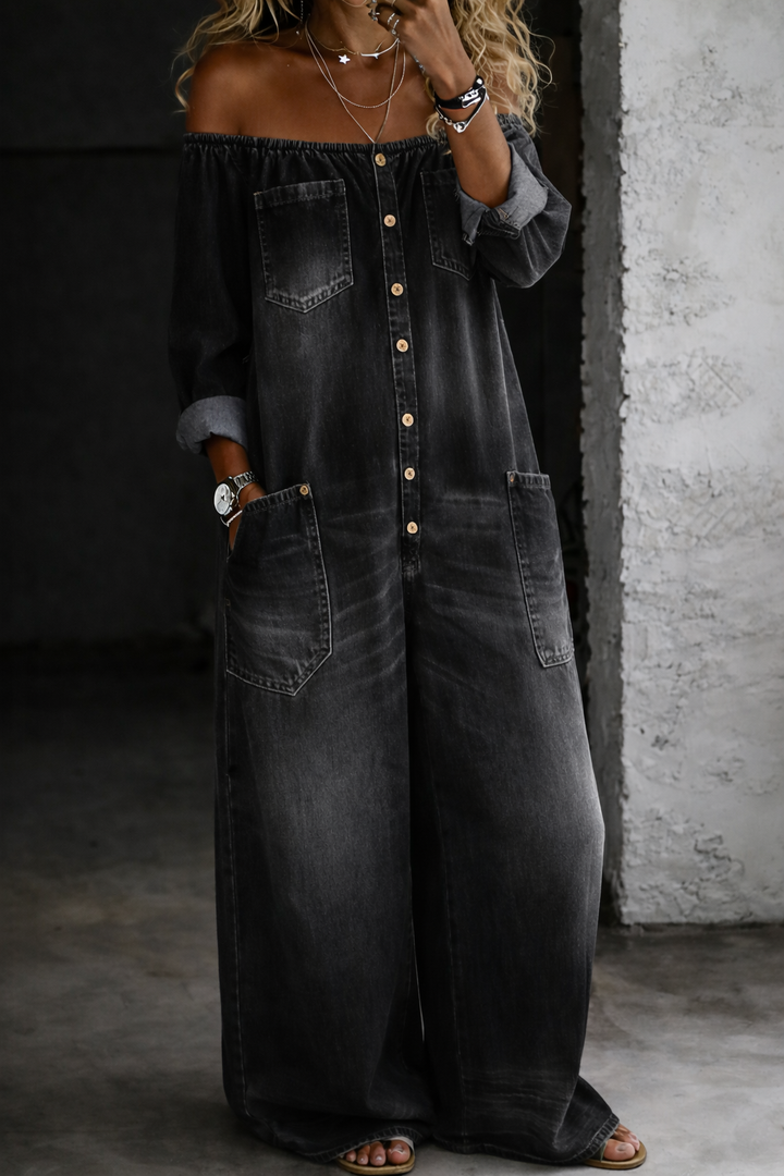 Helena – Long Sleeve Off-Shoulder Denim Jumpsuit