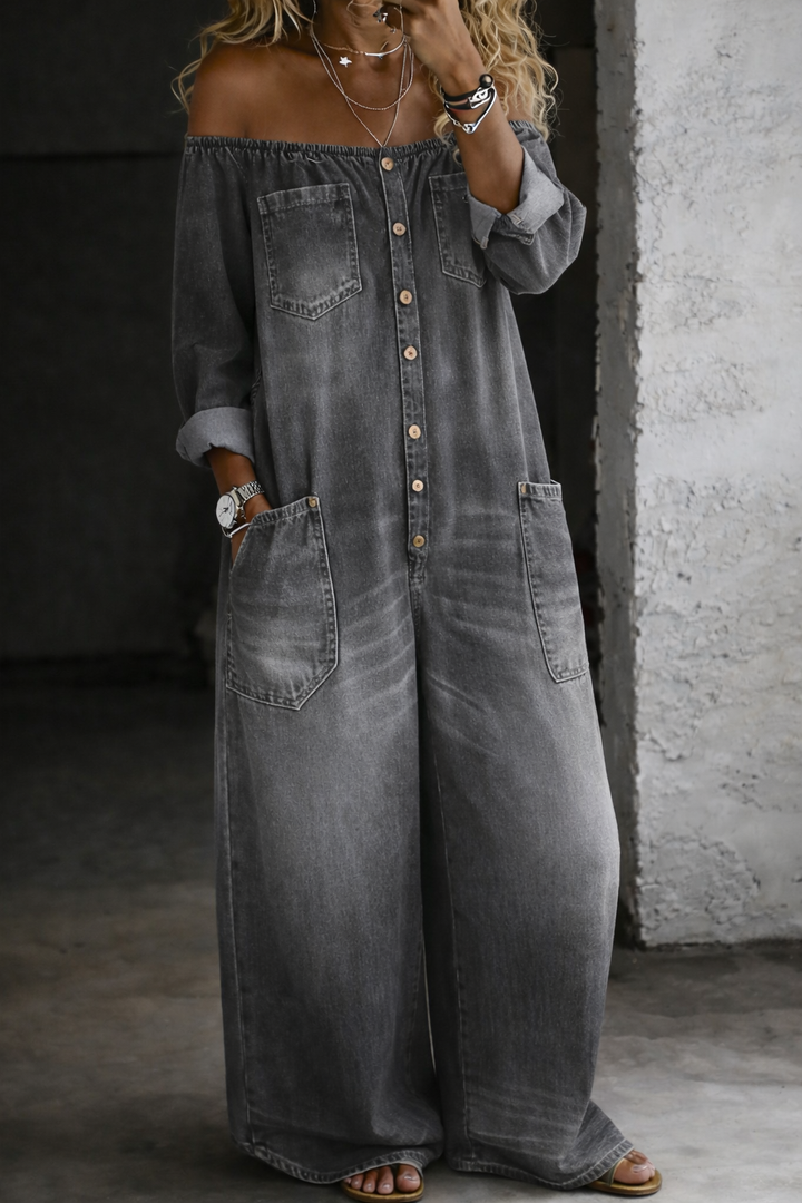 Helena – Long Sleeve Off-Shoulder Denim Jumpsuit