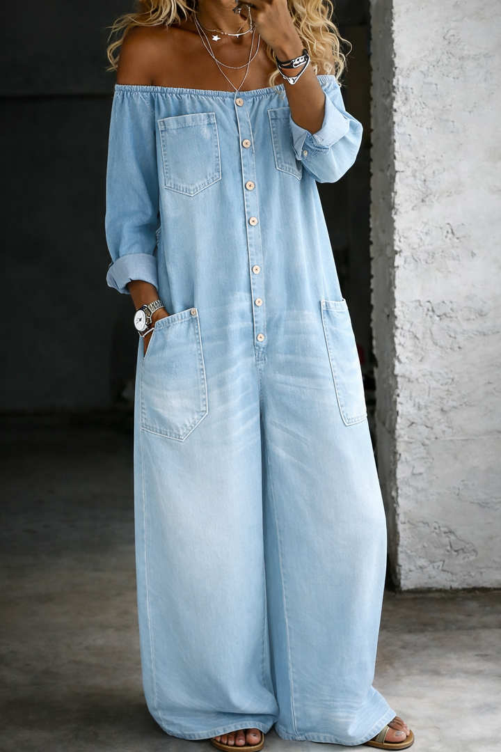 Helena – Long Sleeve Off-Shoulder Denim Jumpsuit