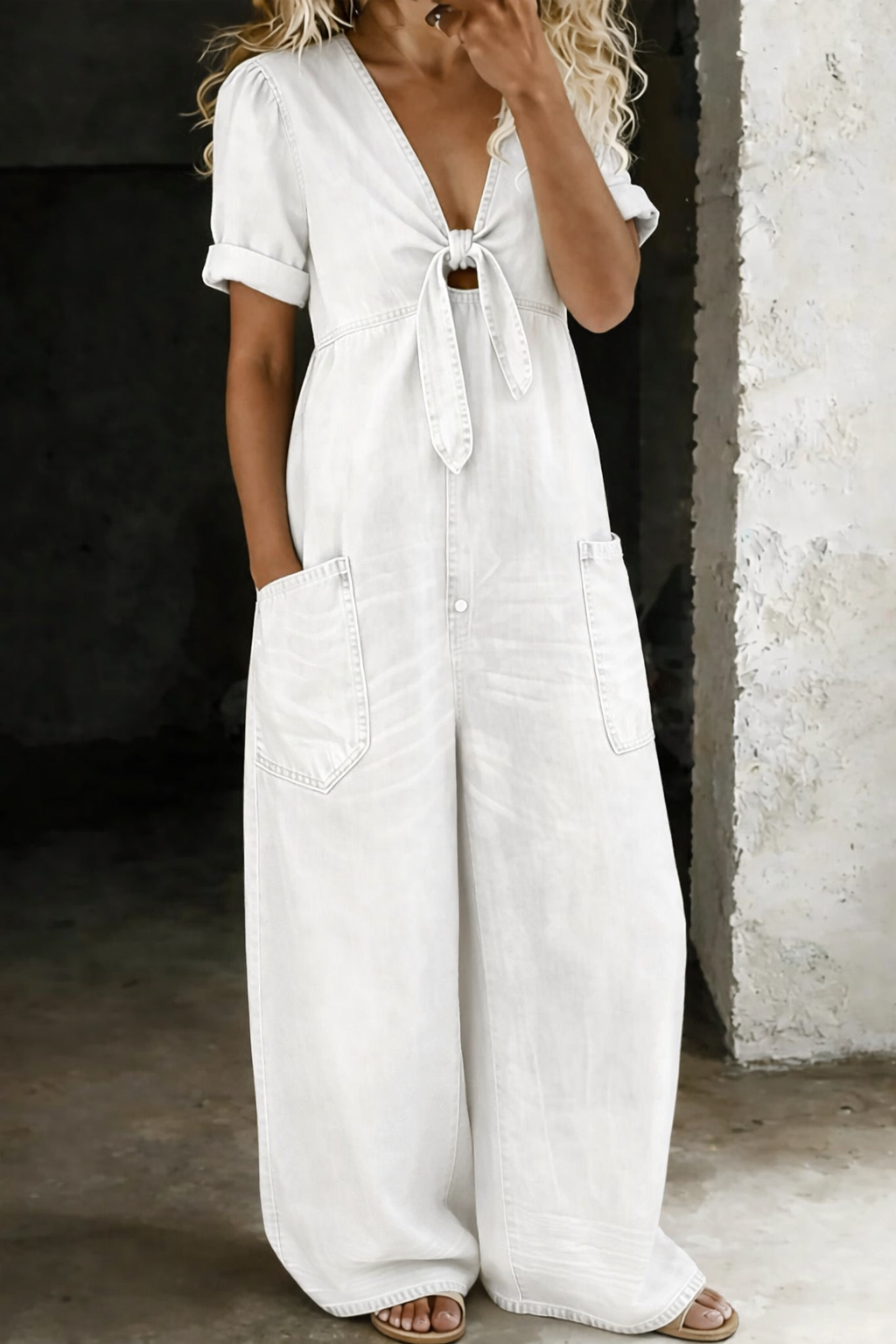 Olga – Short Sleeve V-Neck Denim Jumpsuit