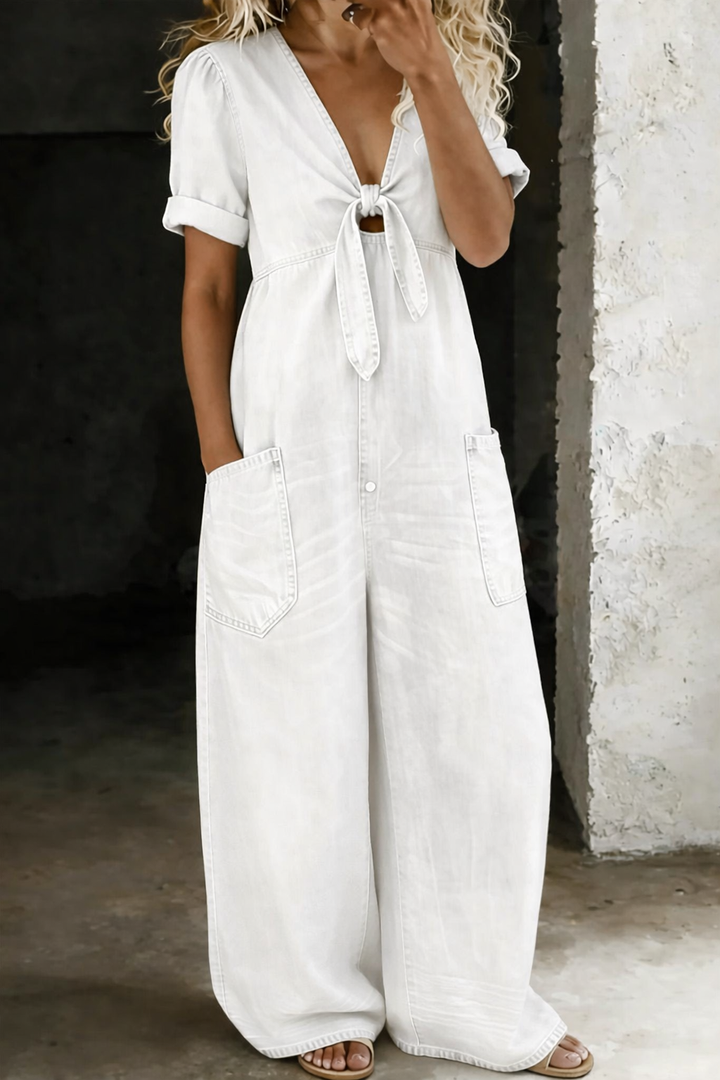 Olga – Short Sleeve V-Neck Denim Jumpsuit