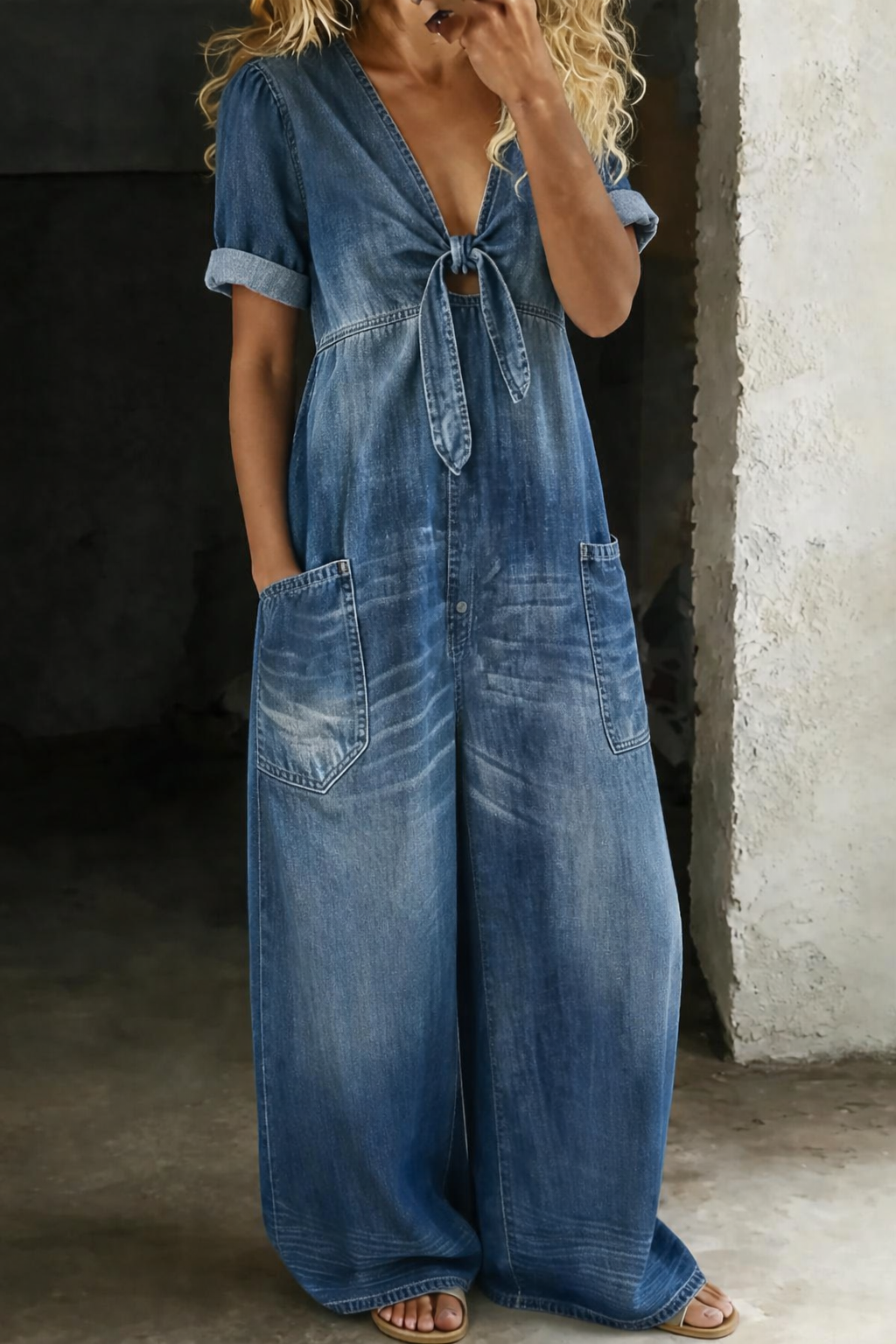 Olga – Short Sleeve V-Neck Denim Jumpsuit