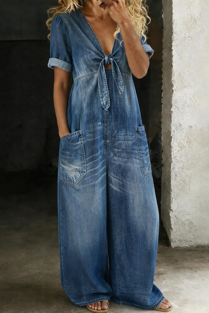 Olga – Short Sleeve V-Neck Denim Jumpsuit