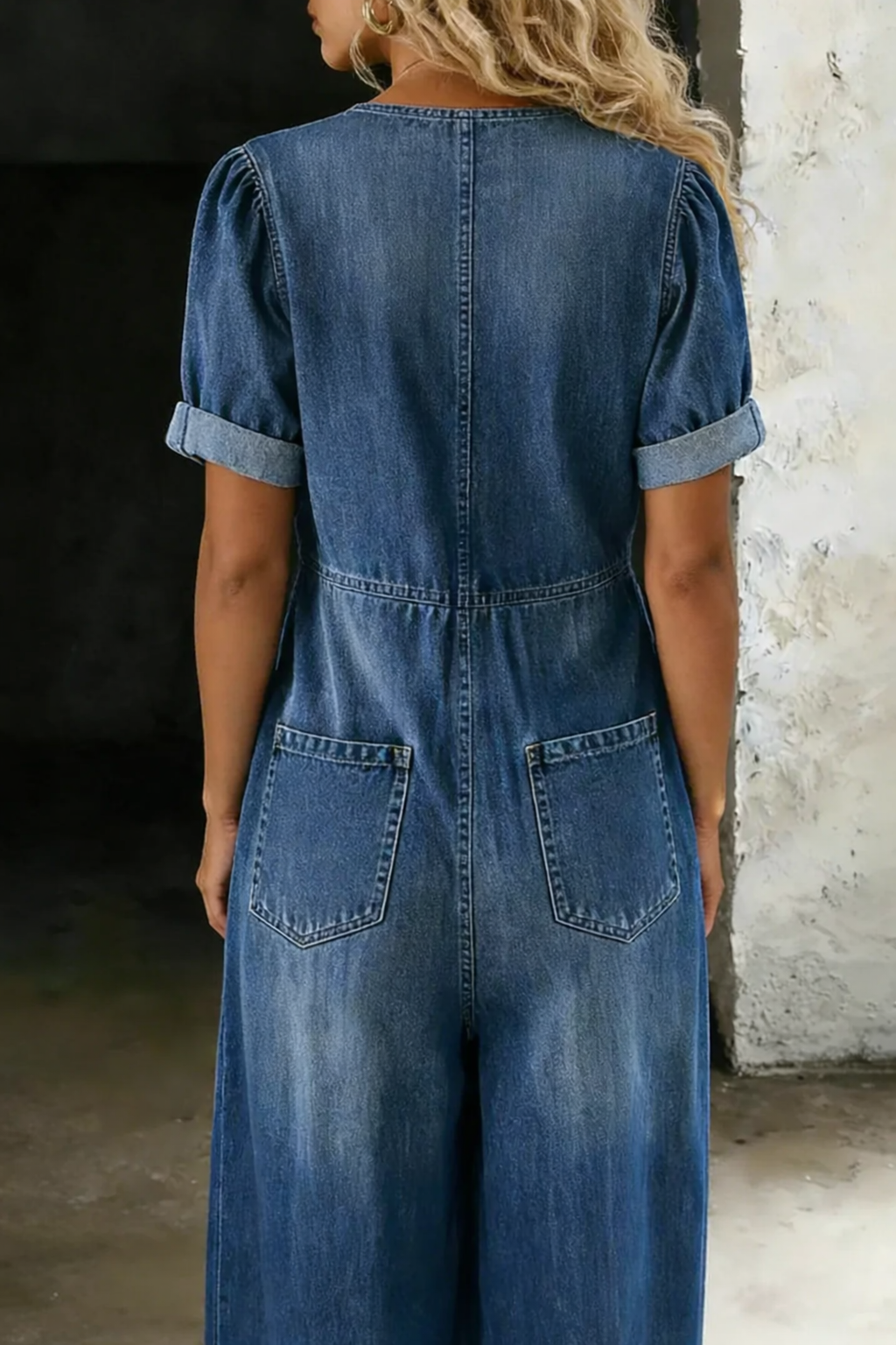 Olga – Short Sleeve V-Neck Denim Jumpsuit