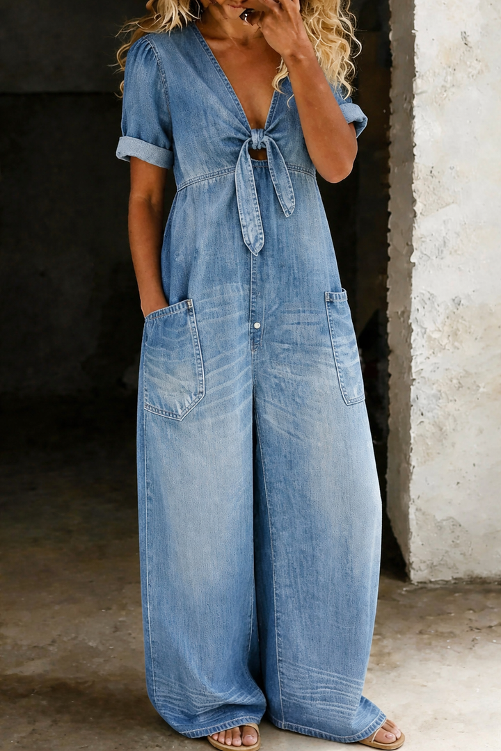 Olga – Short Sleeve V-Neck Denim Jumpsuit