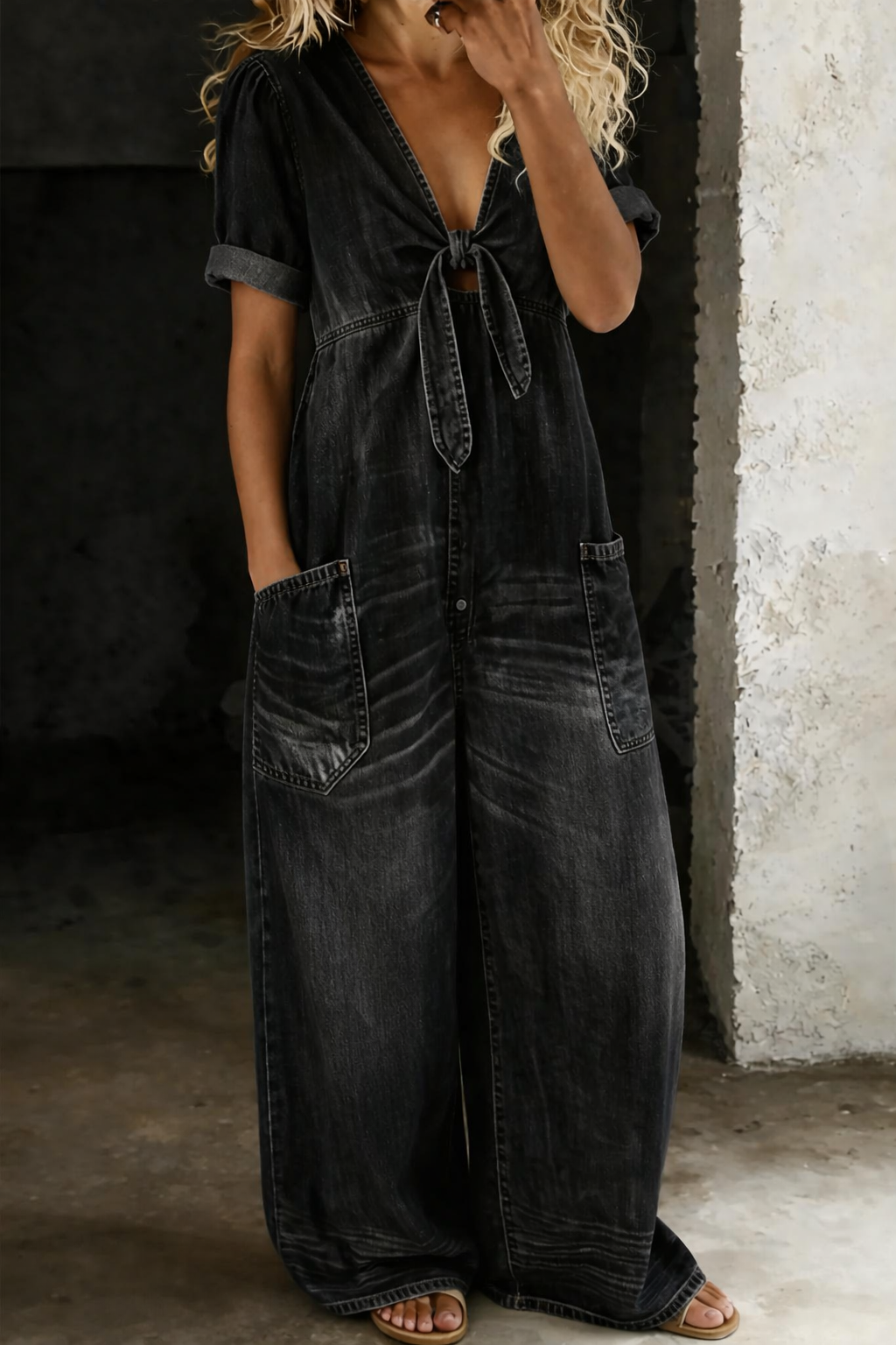 Olga – Short Sleeve V-Neck Denim Jumpsuit