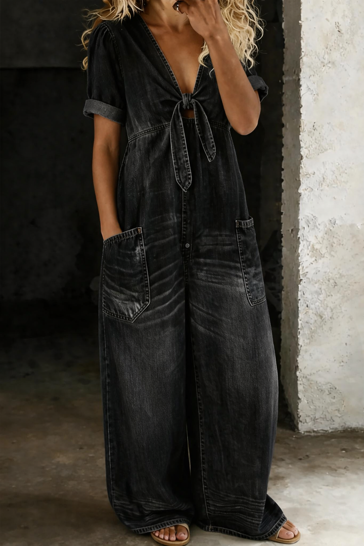 Olga – Short Sleeve V-Neck Denim Jumpsuit