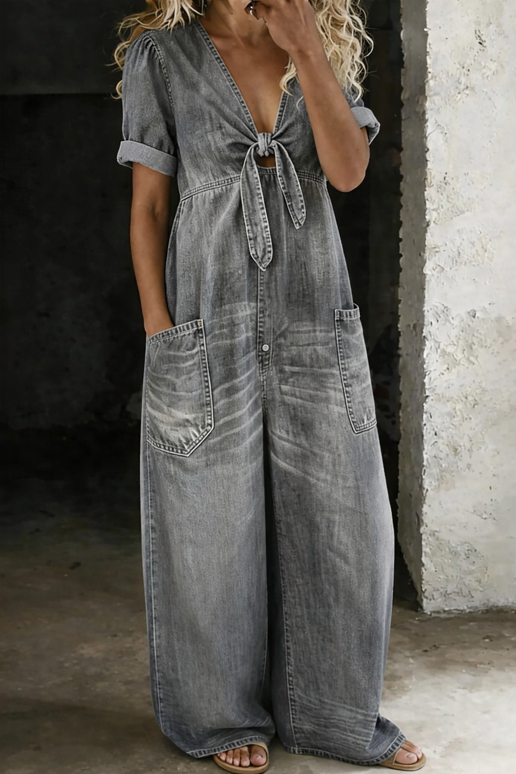 Olga – Short Sleeve V-Neck Denim Jumpsuit