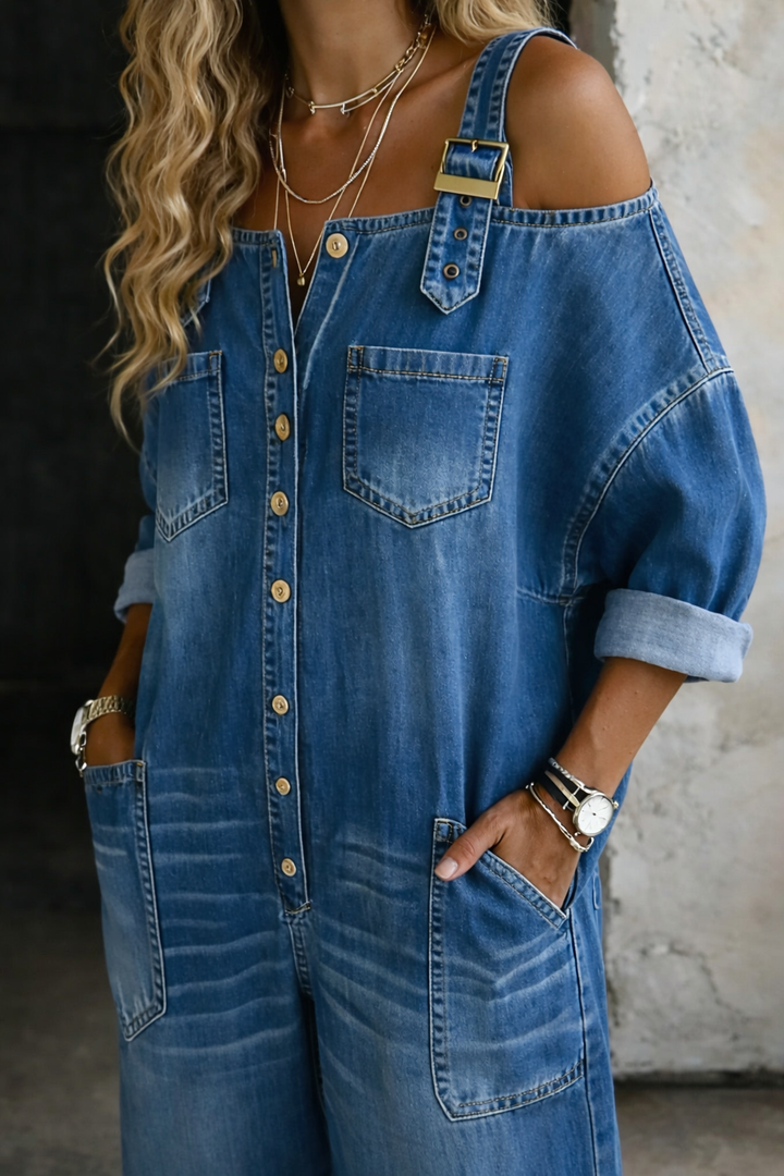 Sophia – Off-Shoulder Denim Jumpsuit