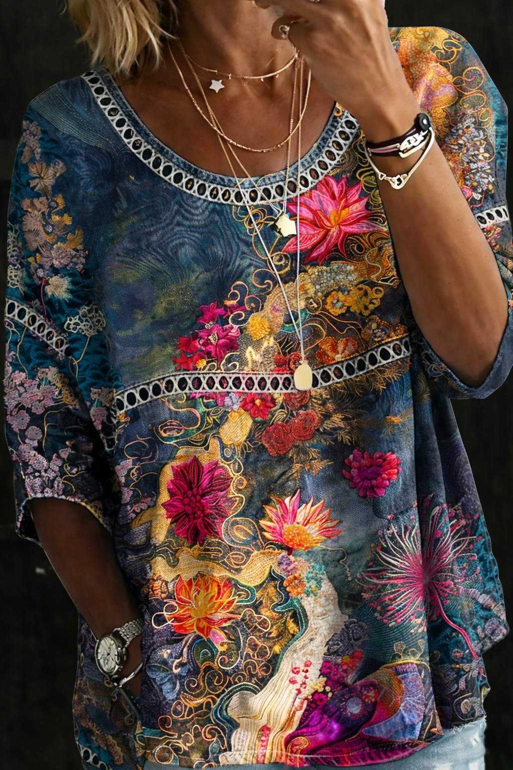 Sandra – Vintage Floral Denim Blouse