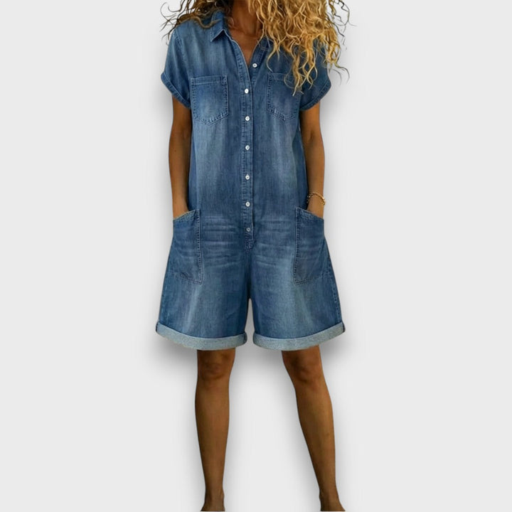 Kate – Vintage Short Cotton Denim Jumpsuit